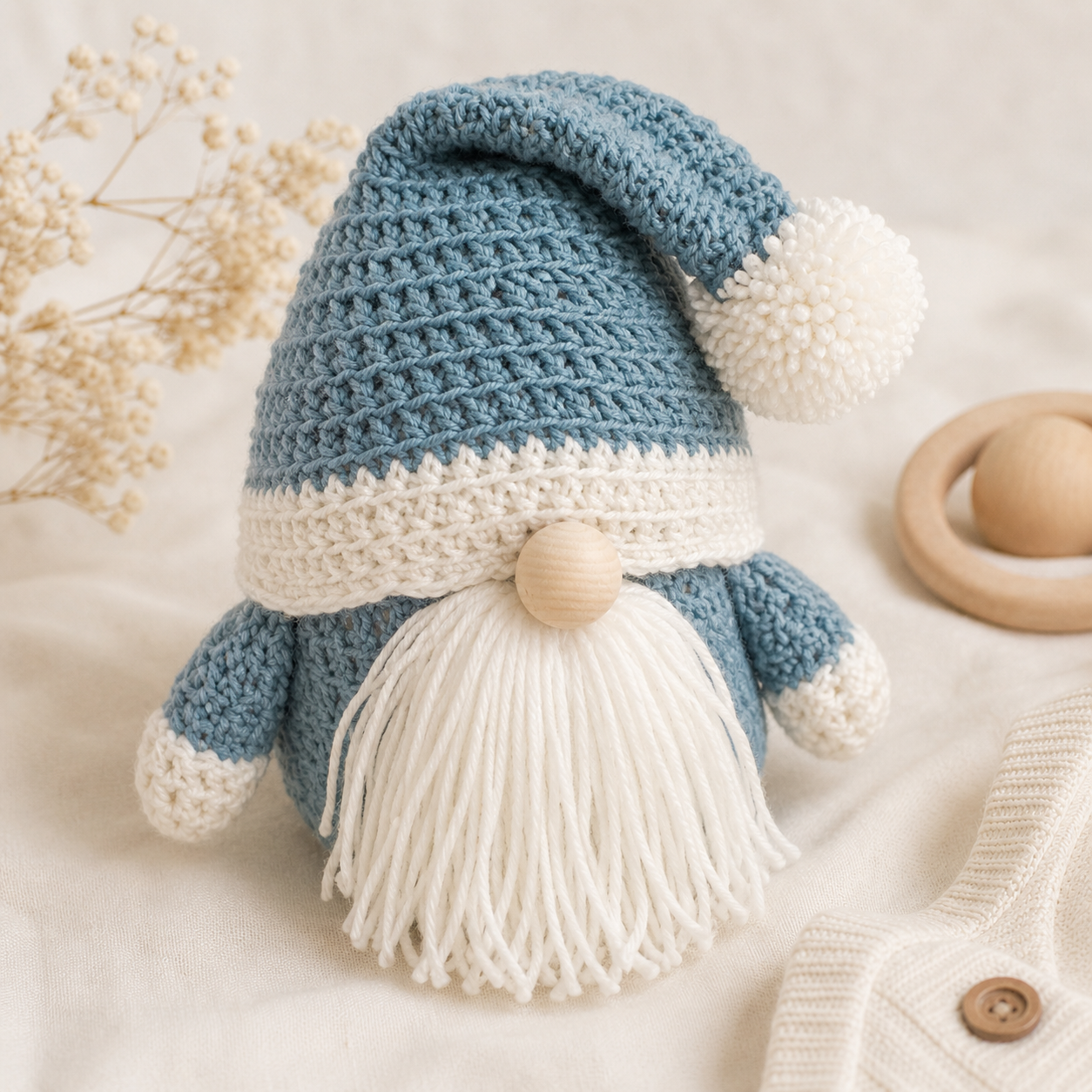Handcrafted Crochet Gnome in Blue and White