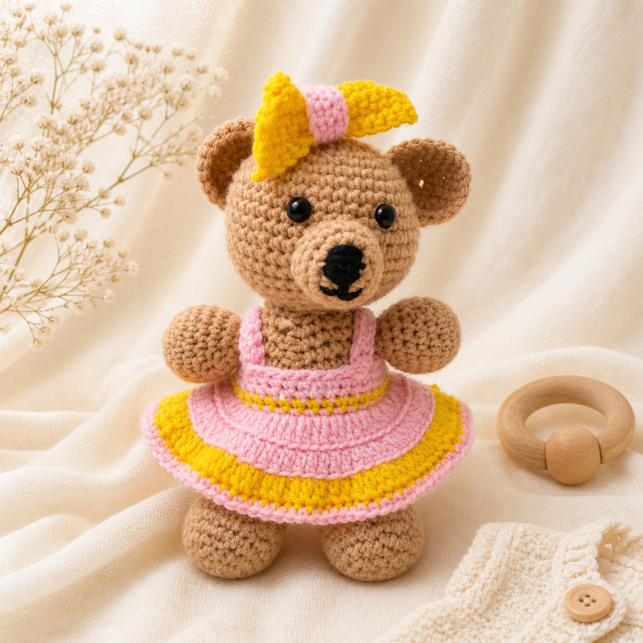 Handcrafted Crochet Bear in Pink and Yellow Dress