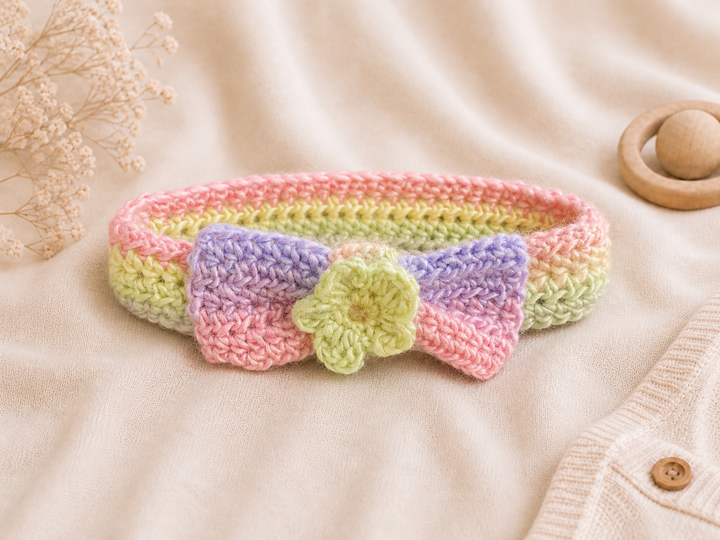 Handcrafted Crochet Rainbow Baby Headband with Bow and Flower