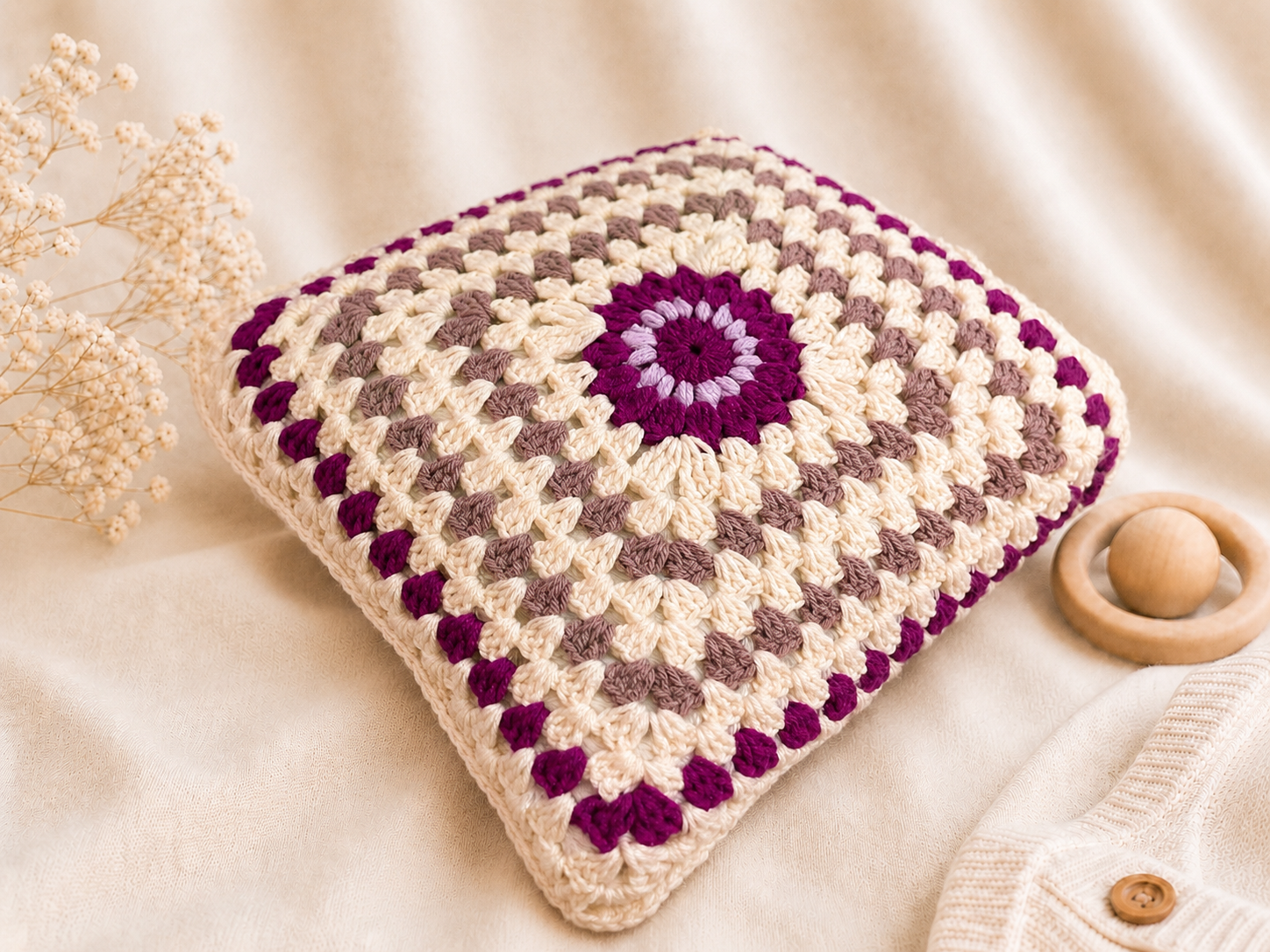 Handcrafted Crochet Pillow Cover – 16” x 16”