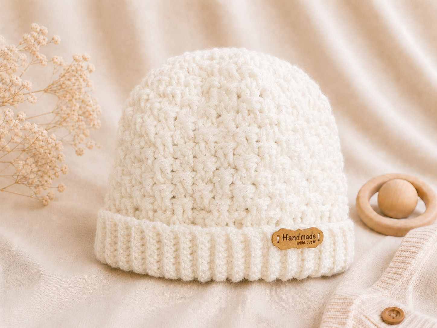 Handcrafted Crochet White Beanie