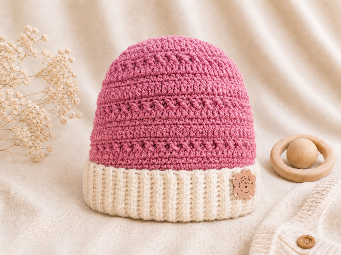 Handcrafted Crochet Pink & Cream Beanie